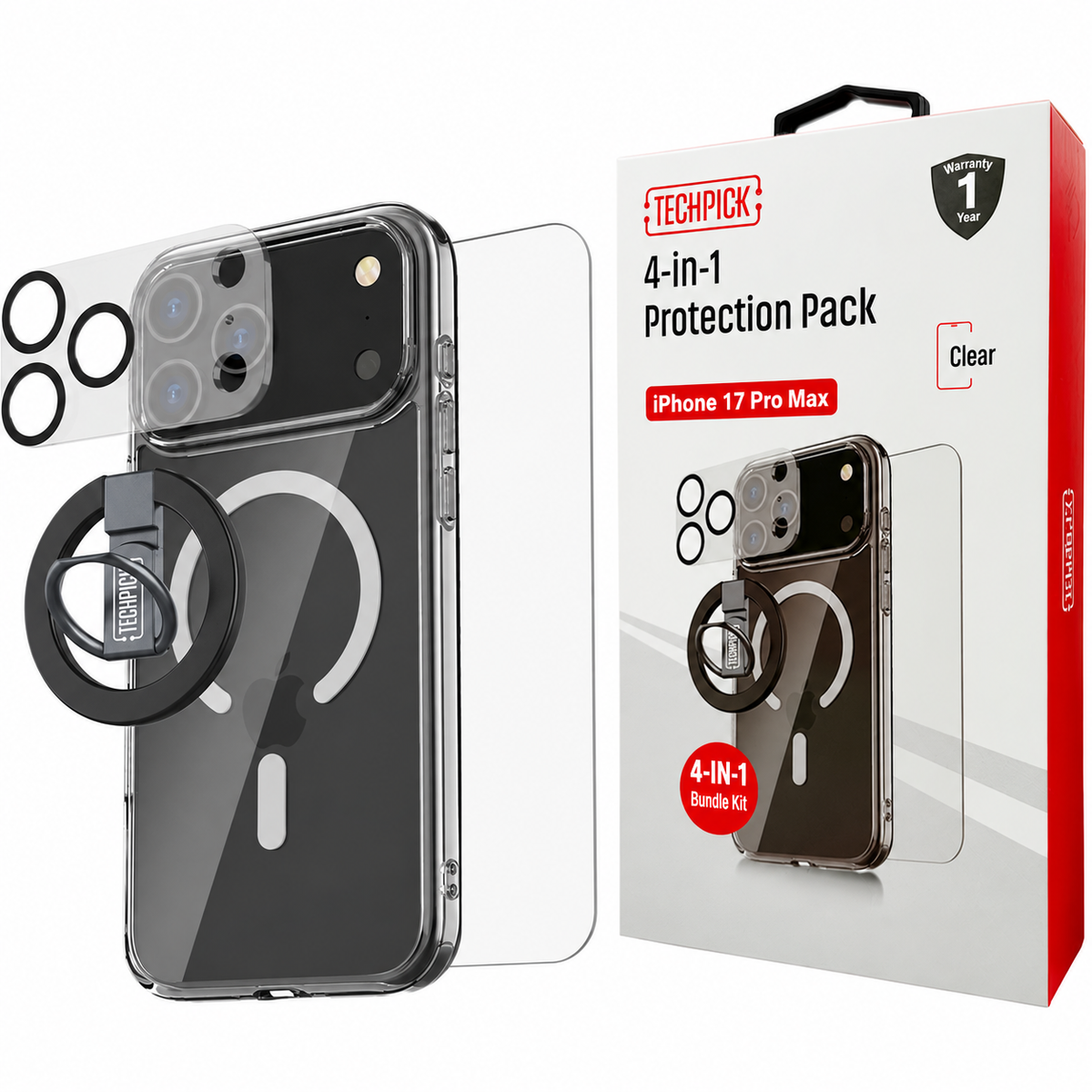 TechPick 4-in-1 Protection Pack – iPhone 17 Pro Max (Clear)
